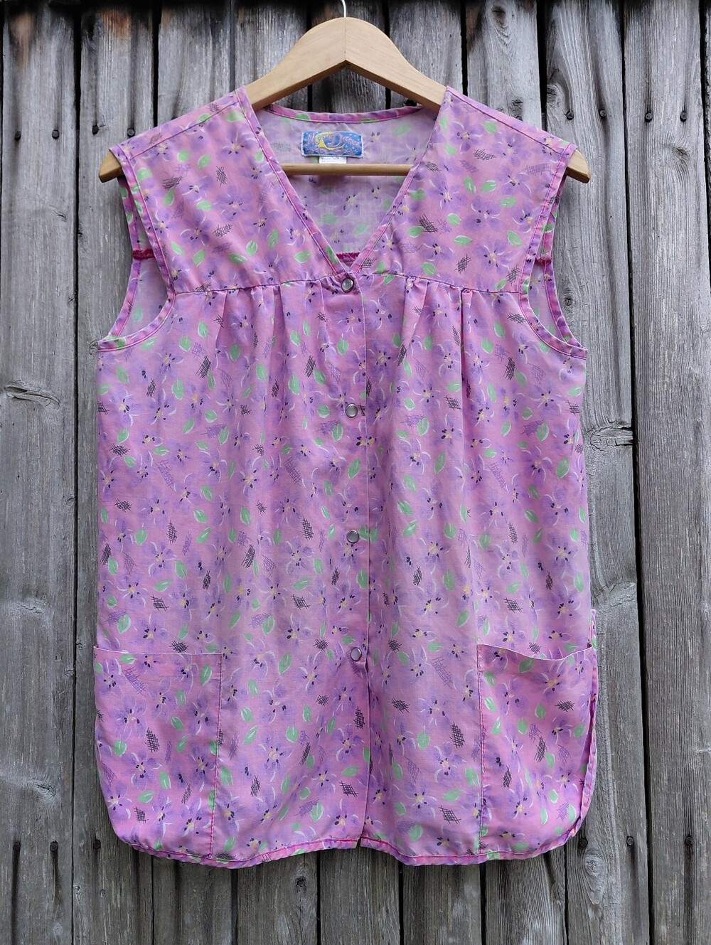 Vintage Moon Dance pearl snap purple flower print smock overshirt apron Womens L